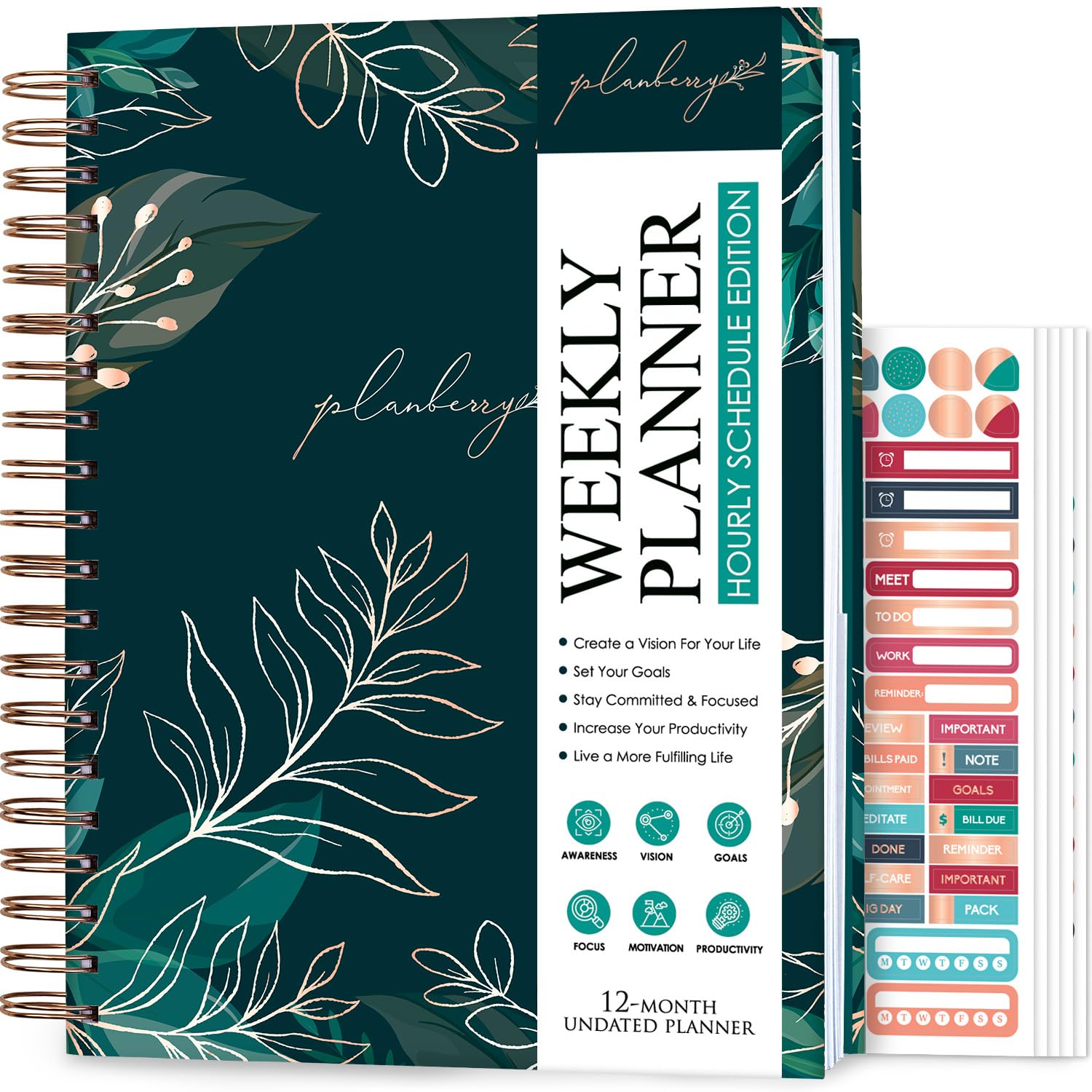 PLANBERRY Large Hourly Schedule Planner Premium – Undated Organizer for Productivity, Time Management & Budget, 20x27cm (Green Pastures) — image 1