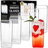 Kitchen Lux Square Drinking Glasses Set of 6 - Square Glass Cups 12 oz - Modern Glassware Set - Trendy Aesthetic Glass Ware for Highball Whiskey Cocktail Beer Water Tea Iced Coffee - Bar Accessories