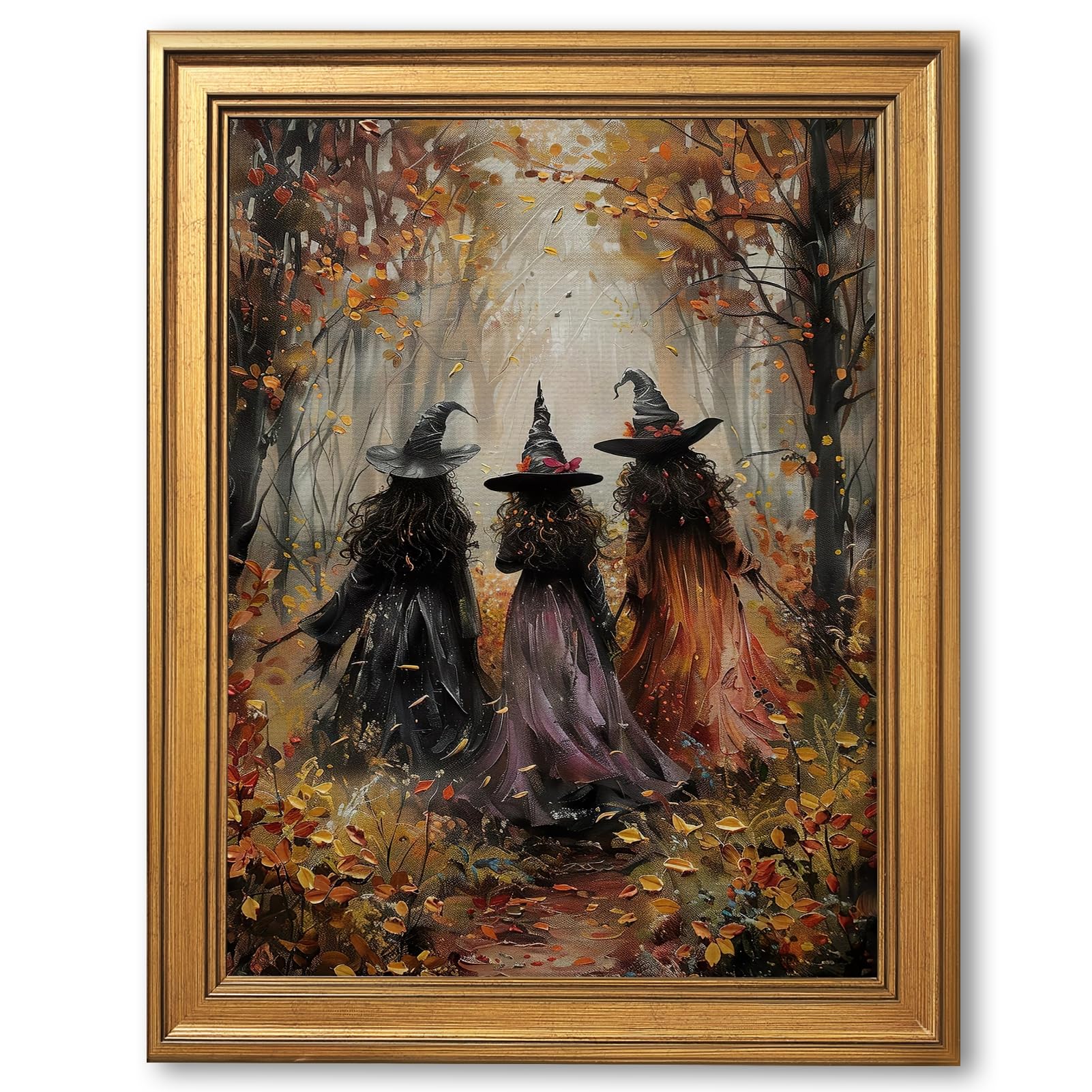 Photo 1 of Framed Vintage Witch Poster Halloween Wall Art Retro Creepy Witchy Oil Painting Canvas Print Three Witches Forest Victorian Gothic Dark Moody Decor for Bedroom Gallery Rustic Wall 8x12inch