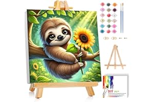 Gemozaic Sloth Paint by Numbers Kit for Kids with Frame and Easel, Paint by Numbers for Kids Ages 8-12, DIY Acrylic Oil Painting for Home Wall Decor, 8x8 Inch