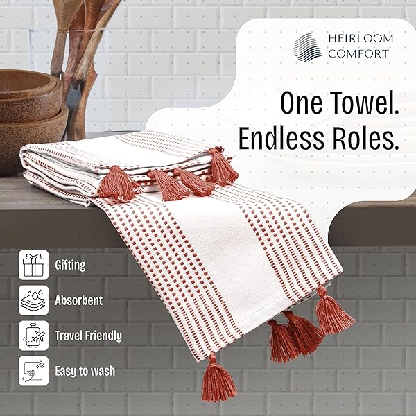HEIRLOOM COMFORT RUST DECORATIVE DOTTED KITCHEN TOWELS 16X26 INCH, 12 PACK, QUICK-DRY, 100% COTTON DISH TOWELS WITH TASSELS, ULTRA ABSORBENT & SOFT FOR CLEANING, DRYING DISHES, AND EVERYDAY USE