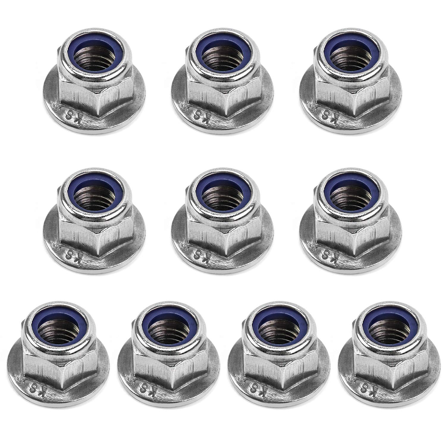 QWORK® 10PCS M10 Lock Nut with Nylon Insert - 304 Stainless Steel - 10mm Serrated Flange Hex Nut Self Locking Nut