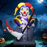 Lulu Home 6FT Halloween Inflatable Tombstone with Clown, White LED Lighted | Weatherproof 210T polyester, inflates in 1 min, includes stakes, ropes & sandbags for wind stability, for yard garden porch