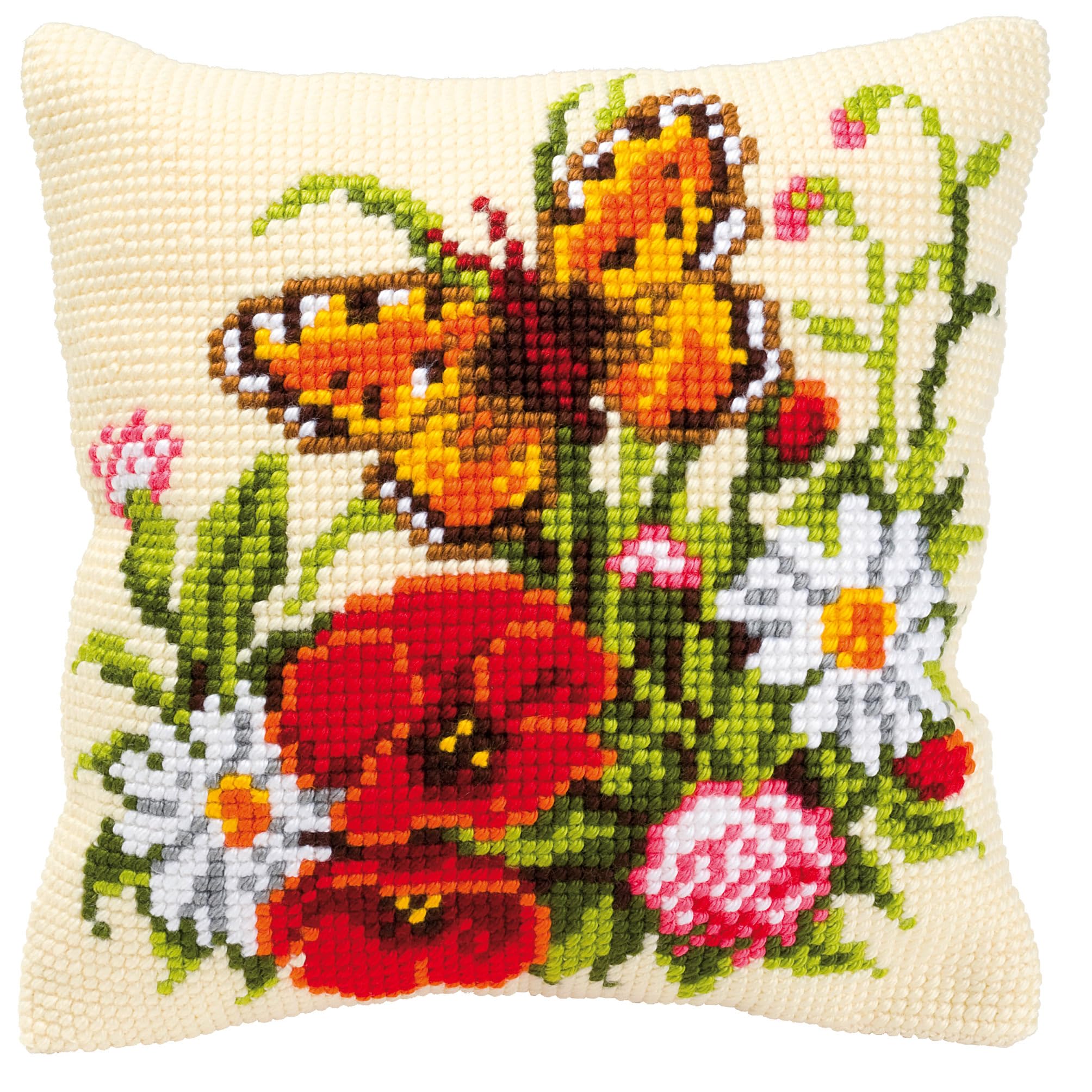 Vervaco Butterfly and Flowers Cross Stitch Cushion, Multi-Colour