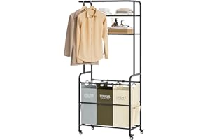 Gewudraw Laundry Sorter 3 Section,Laundry Hamper Cart with Hanging Rack & Removable Bags,Heavy Duty Laundry Basket Organizer with Wheels & 2 Tier Shelf,3 Colors