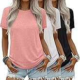 Ficerd 3 Pack Women's Short Sleeve T-Shirts, Loose Fit Crew Neck Tunic Tops Casual Solid Basic Tee Shirts Curved Hem Blouses