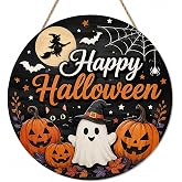 Halloween Door Hanger for Front Door, 11.5-Inch Wooden Happy Halloween Sign | Cute ghost pumpkins black cat witch and bats on a round wooden wreath with hanging rope for door porch wall and home decor