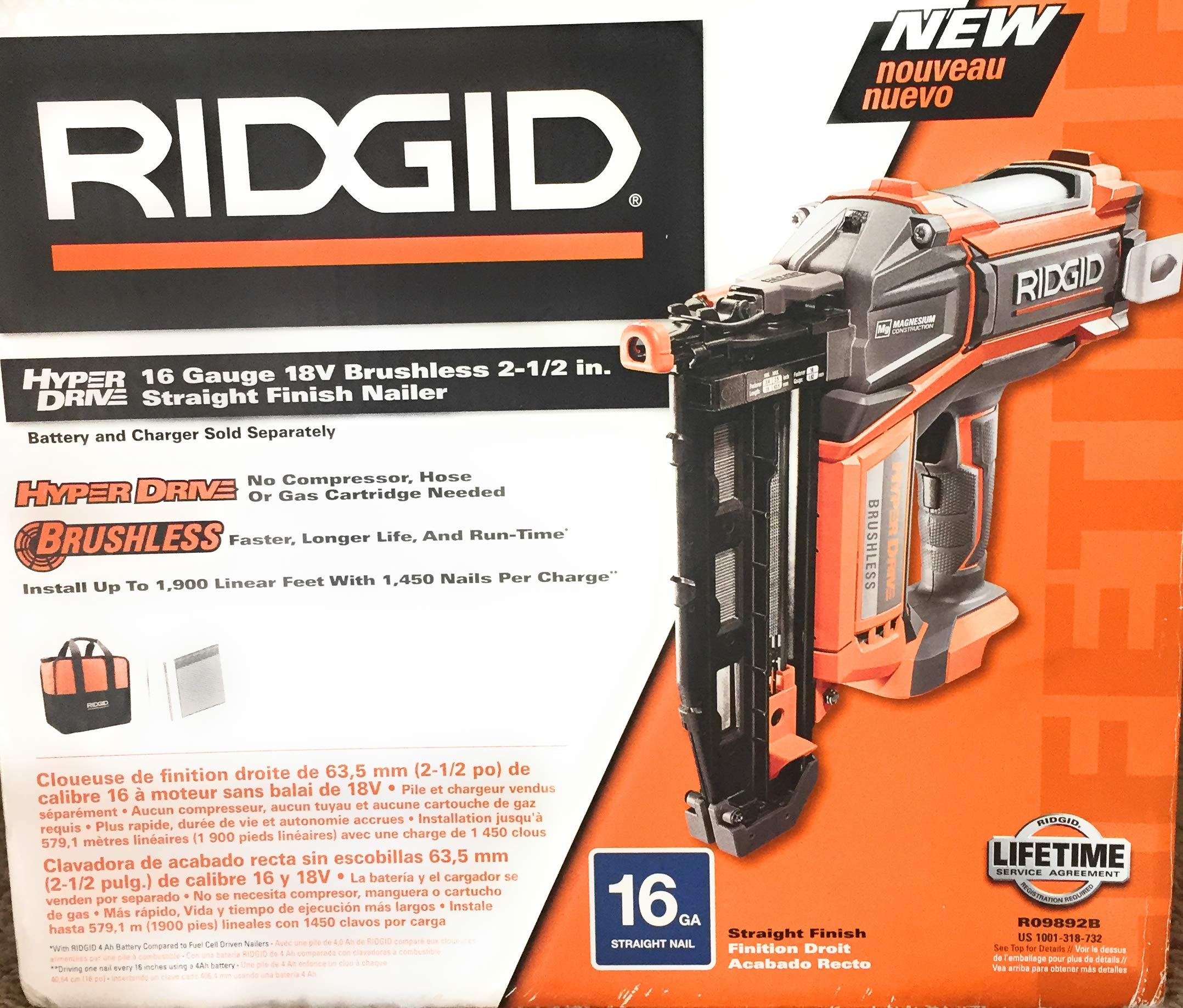 Ridgid HyperDrive 16 Gauge 18v Brushless 2-1/2 In. Straight Finish Nailer