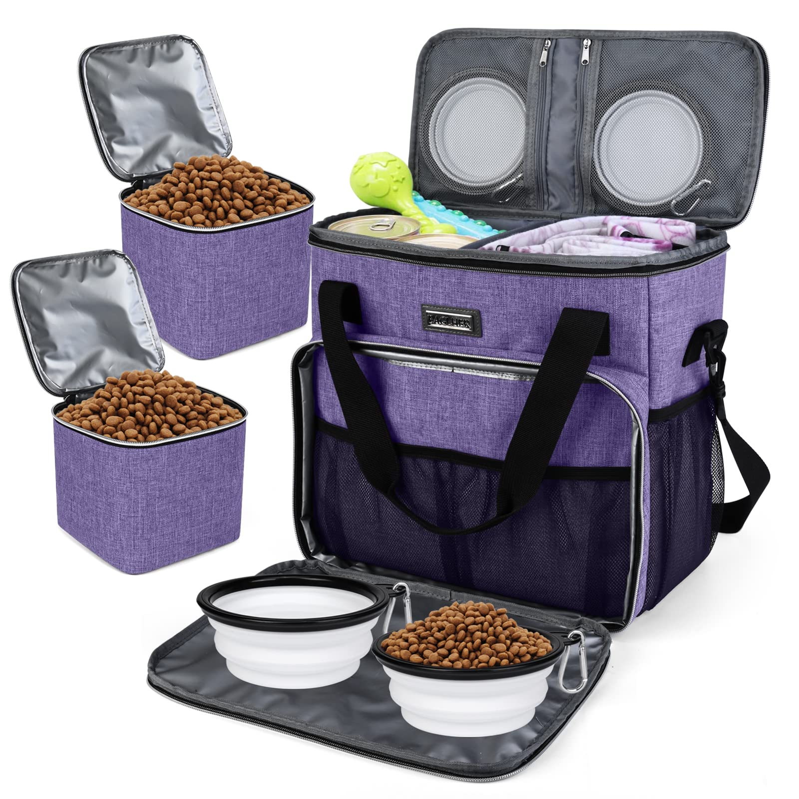 Photo 1 of BAGLHER Dog Travel Bag, Pet Travel Bag (ALL Pet Travel Supplies), With 2 Pet Food Containers and 2 Collapsible Silicone Bowls; Essential Kits for Pet Travel Purple