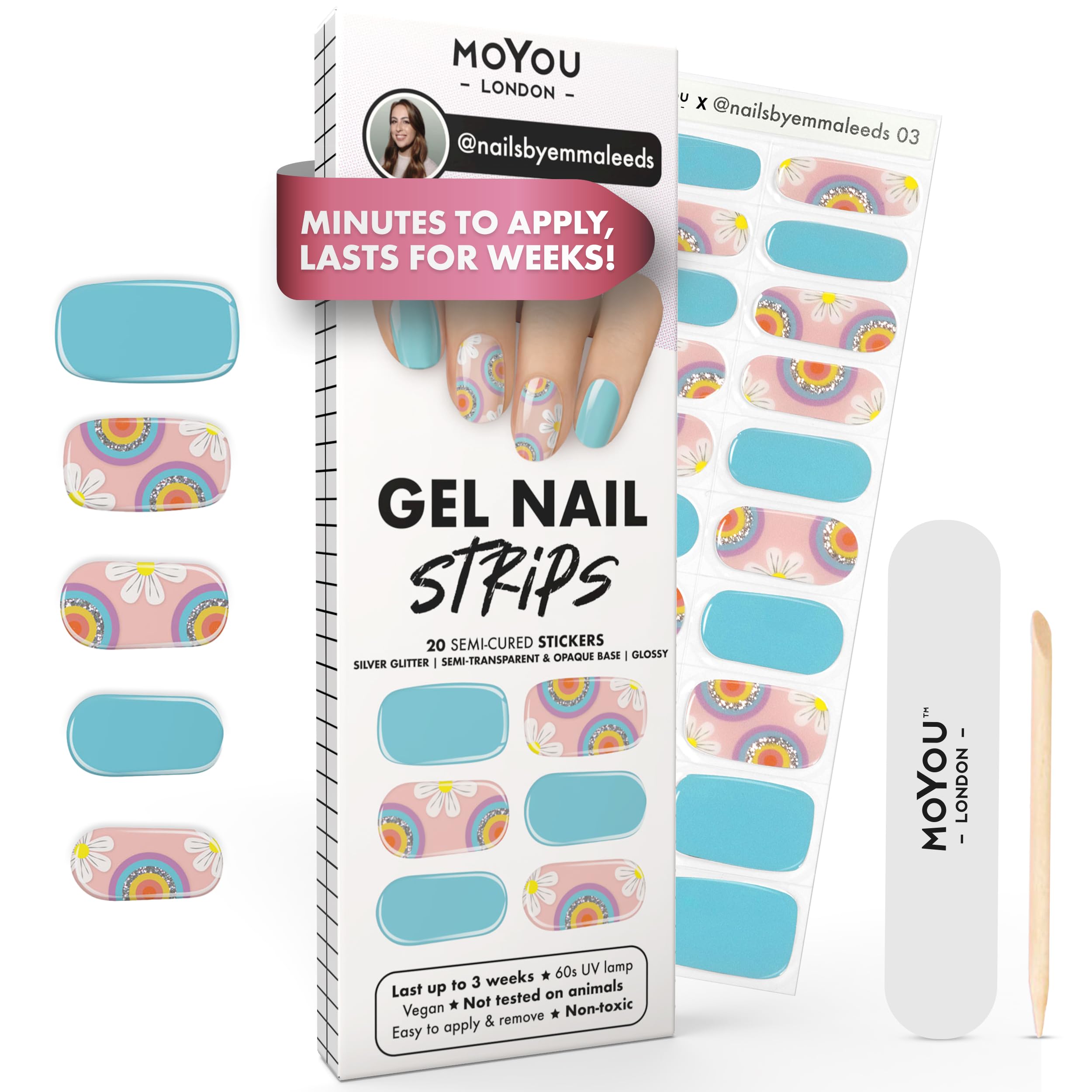 MOYOU LONDON Semi Cured Gel Nail Strips - 20 Pcs. Waterproof Gel Nail Wraps, Cures in Sunlight or UV/LED Lamp, Lasts Up to 2+ Weeks, Stretchable, Easy to Apply & Remove, Vegan & Cruelty-Free