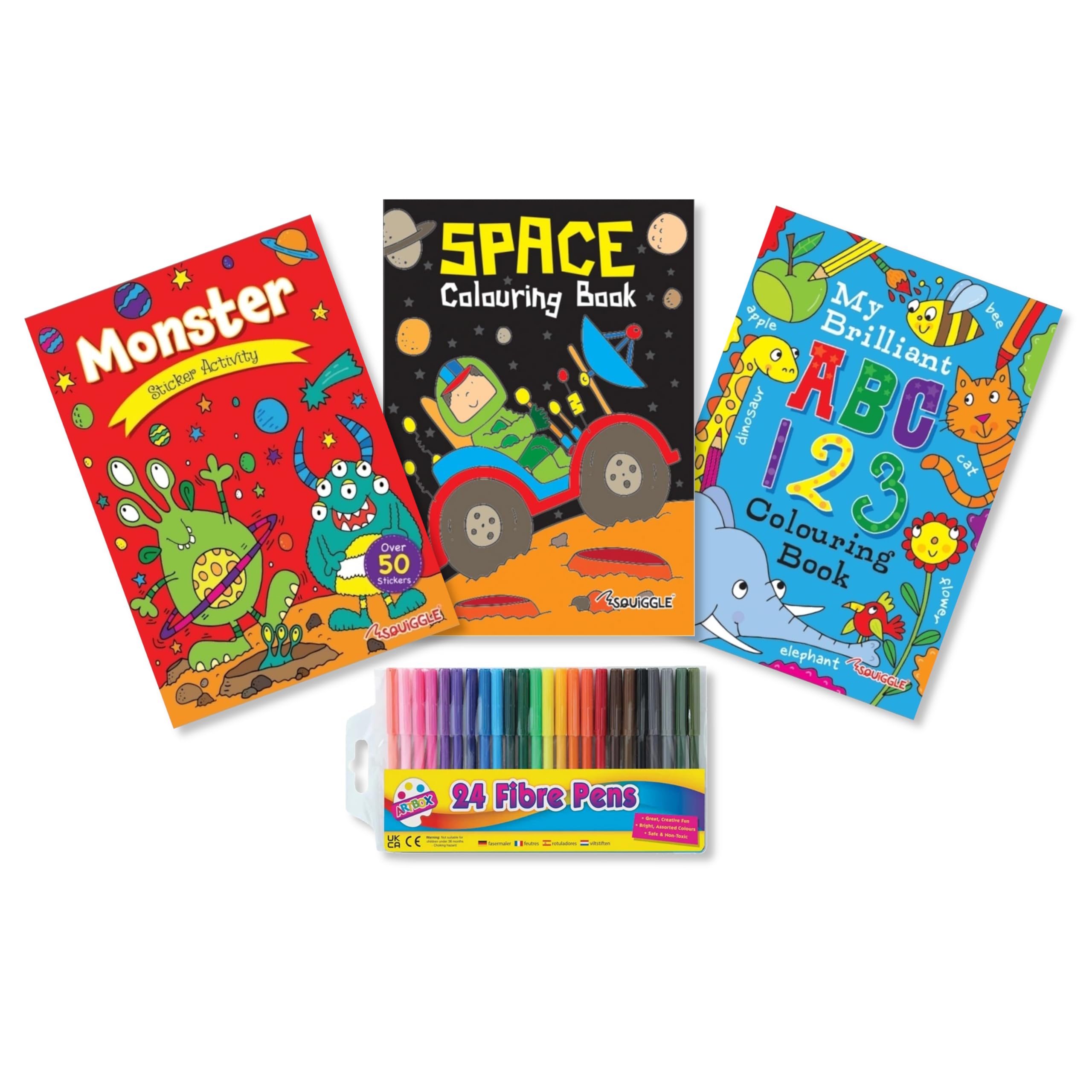 Anilas Boys Monster, Alien & Space Sticker Activity & Colouring Books with Educational Book and Free Pencils or Felt Tip Pens (Perfect for Boys Ages 4-8) (Felt Tip Pens)