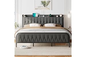 Feonase King Bed Frame with Type-C & USB Port, Metal Platform Beds, with Linen Upholstered Headboard & Footboard, 12" Underbed Storage Space, Easy Assembly, Noise-Free, Dark Gray