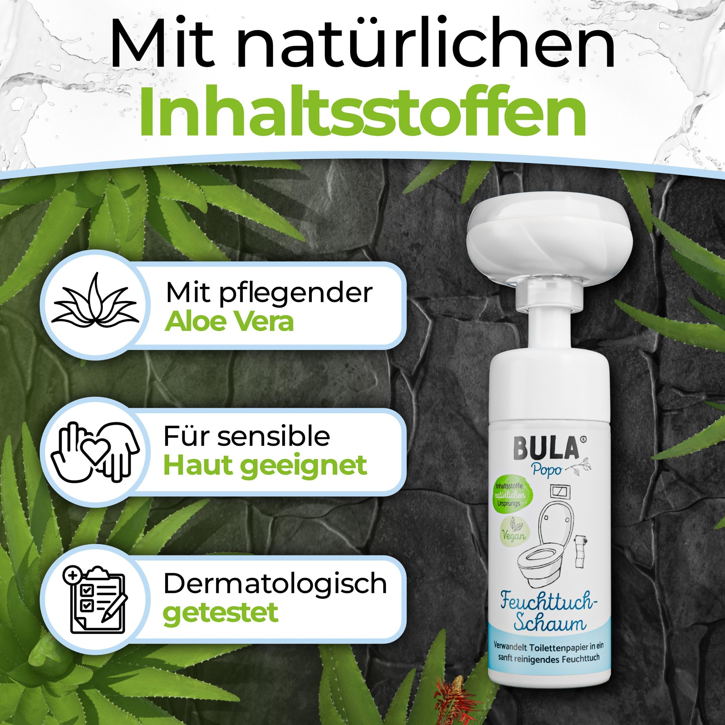 BULA® Popo Home Bundle | Feuchttuch-Schaum 150ml Flasche + Blumen-Schaumpumpe inkl. Edelstahl Halter | Popo Schaum als nachhaltige Alternative für (Baby u. Toiletten-) Feuchttücher | BULA Starterset 5
