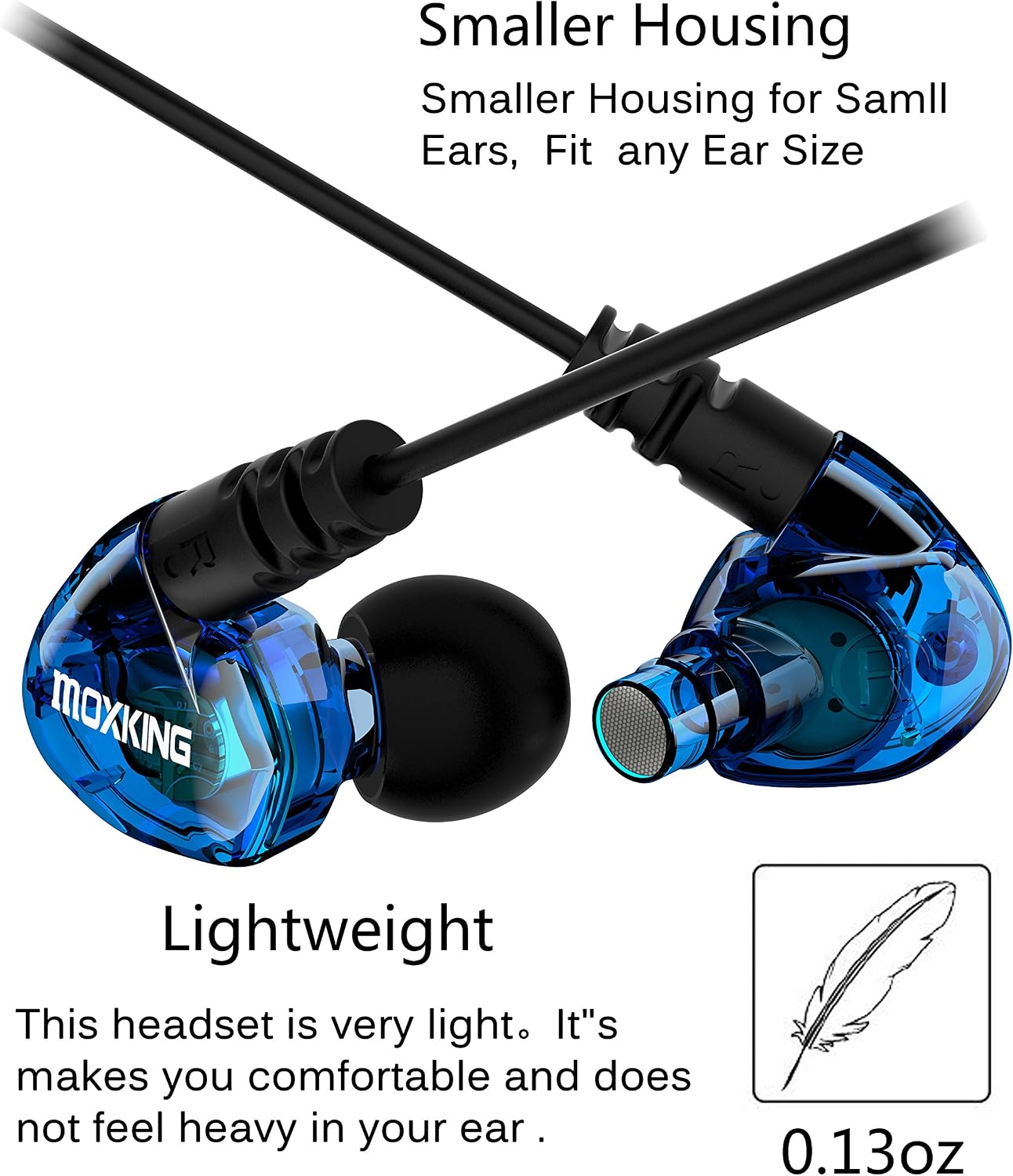 MOXKING Running Sports Earbud Headphones Wired Over Ear In Ear Headsets Noise Isolation waterproof Earbuds Enhanced Bass Stereo Earphones with Microphone and Remote for Running Jogging Gym (BLUE) - Image 3