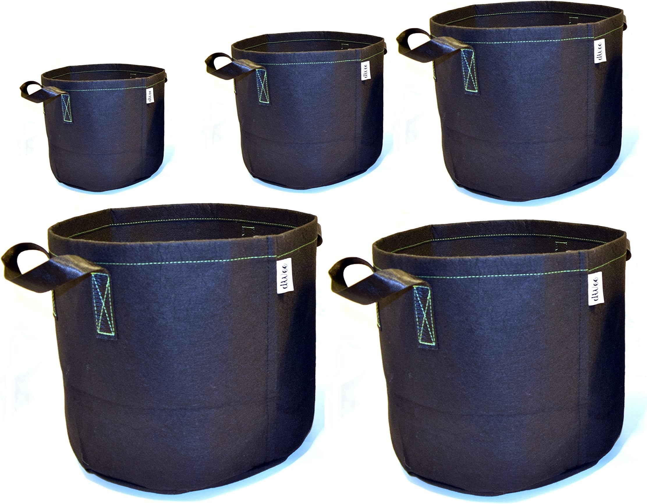 dWee Grow Bags Heavy Duty Variety Pack/Aeration Fabric pots - 5 Pack 1/3/5/7/10 Gallons Indoor/Outdoor with Handles