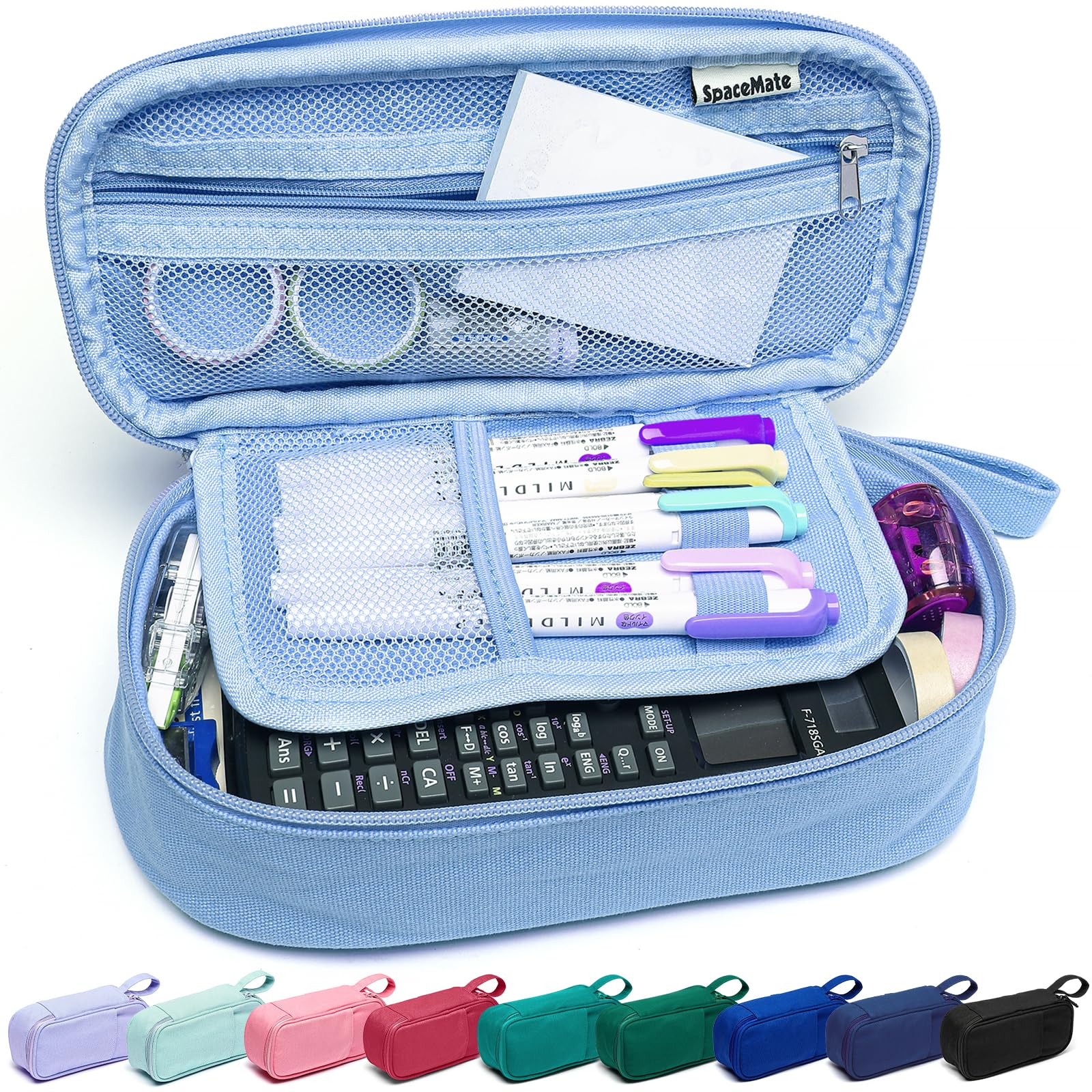 Photo 1 of SPACEMATE Pencil Case Pouch Box Bag School Supplies Girls Boys Kids, Cute Preppy Stuff Large Big Capacity Aesthetic Pen Organizer, Back to College Stationary, Sky Blue, Heavy Duty Canvas, 1800ml