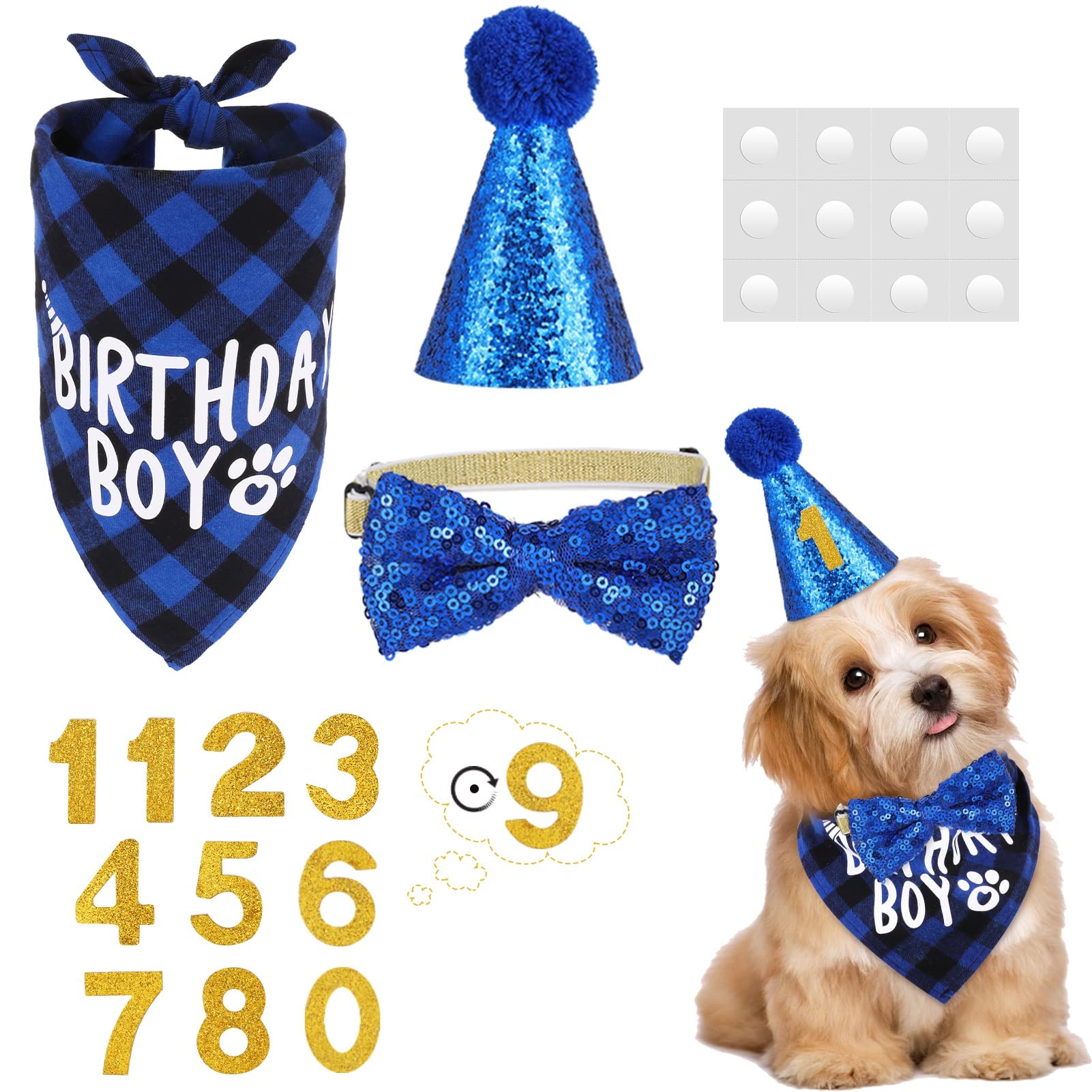 Dacitiery Dog Birthday Hat, Plaid Bandana Scarf, Reusable Bow Tie Collar With Number for Medium Large Puppy Party Supplies Outfits