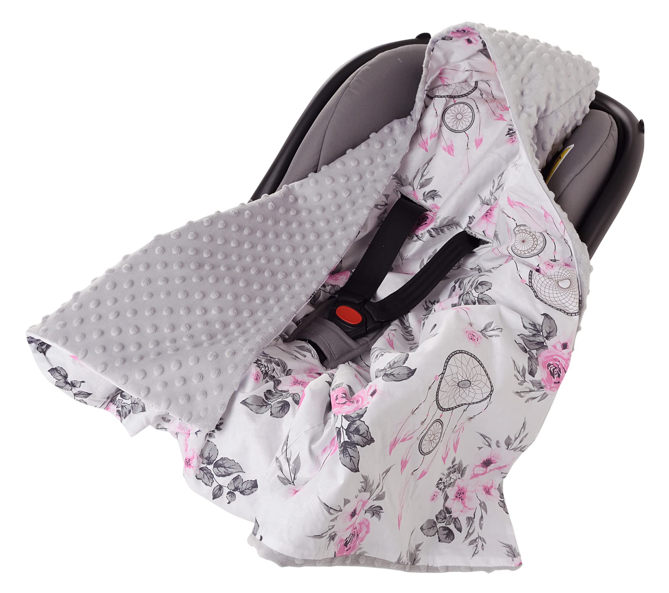 Medi Partners Swaddling Blanket 100% Cotton 85x85cm Double-Sided Multifunctional Plush Blanket With a hood for Pushchairs Soft Fluffy (Dream catchers with grey Minky)