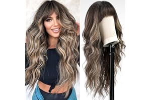 KOME Ombre Brown Wigs with Bangs,Brown Highlight Long Wavy Wig for Women,Long Curly Wigs Synthetic Hair Wig for Party Cosplay Daily Use 24IN