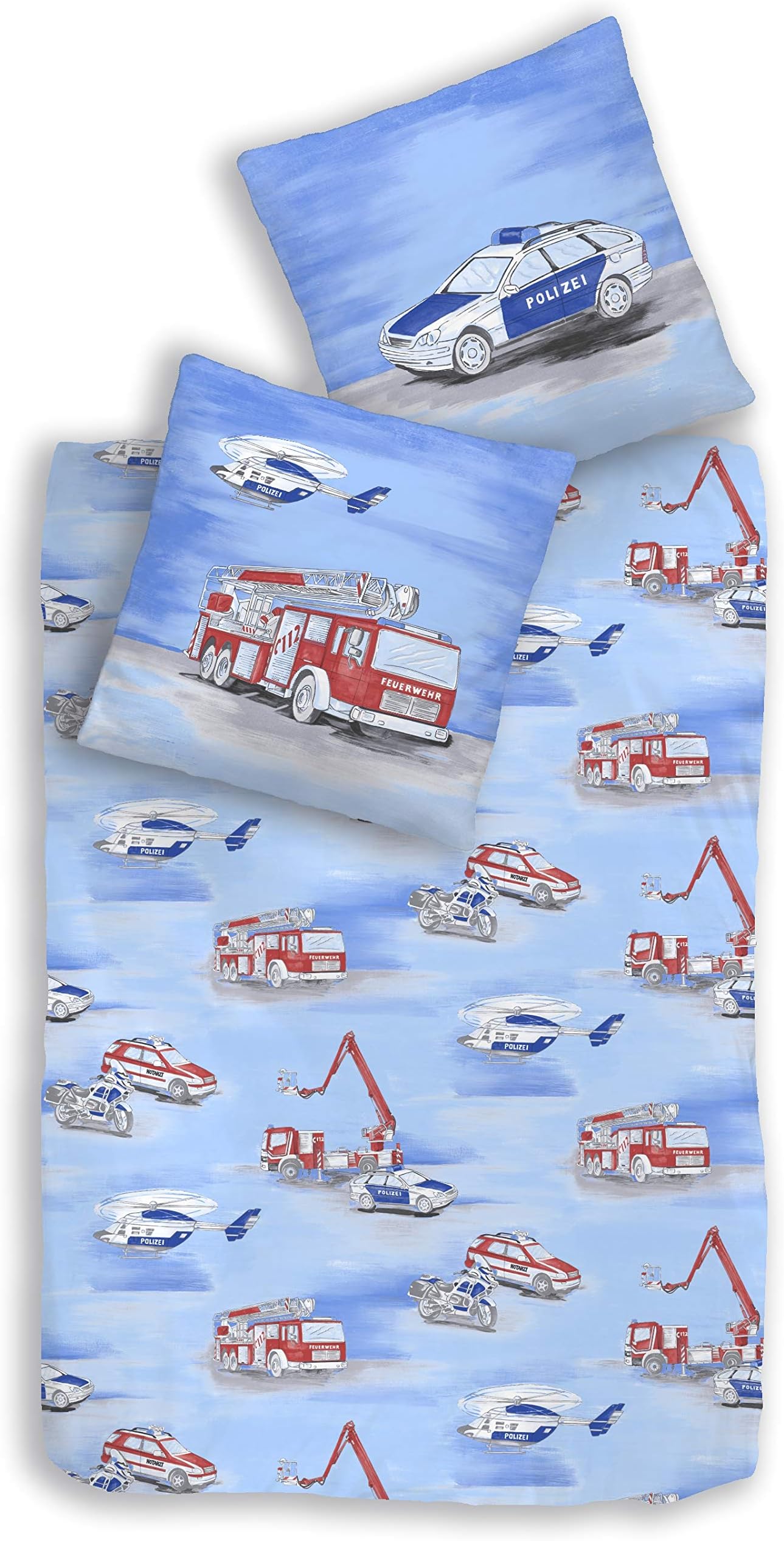 Children's Bed Linen Police and Fire Engine 2 Pcs Renforce 80 x 80 + 135 x 200 cm – 100% Cotton – Made in Germany