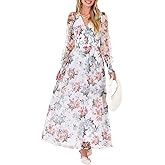 ANRABESS Women's Floral Maxi Dress 2025 Fall V Neck Puff Long Sleeve Flowy Casual Wedding Guest Tea Party Tulle Dresses