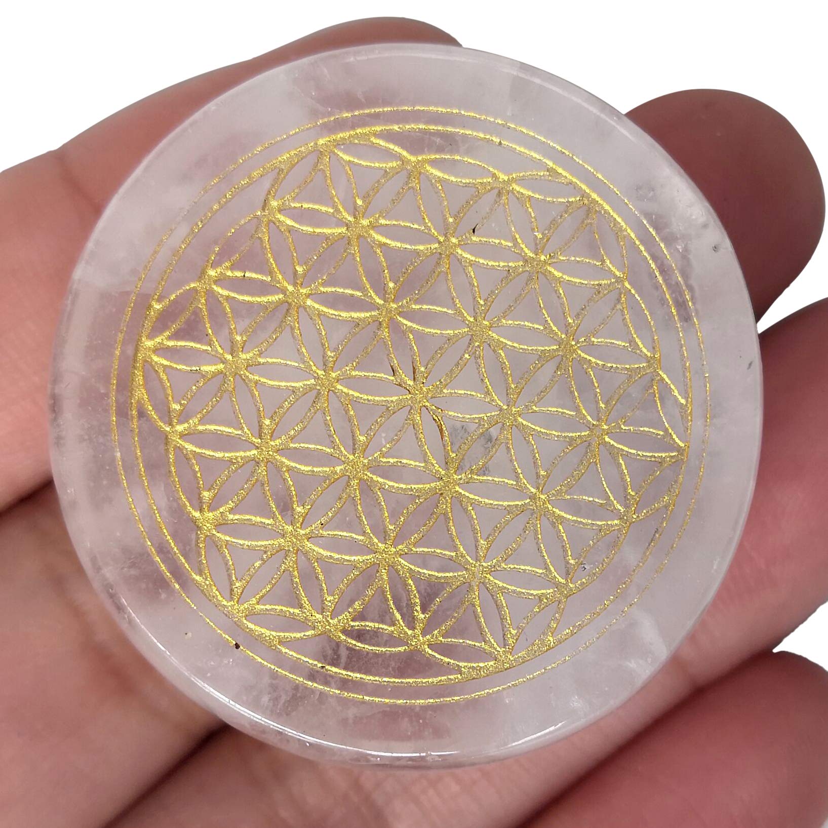 Lovionus89 Natural Rock Quartz Flower of Life Engraved Healing Crystal Chakra Balancing and Positive Energy Generator Palm Pocket Stone