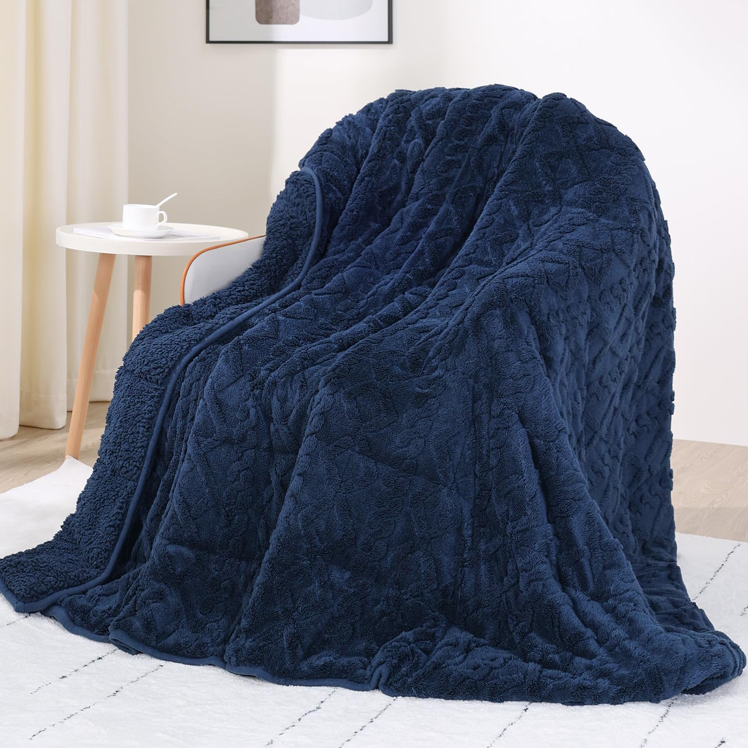 Photo 1 of Drewin Weighted Blanket for Adults 20lbs Dual Sided Sherpa Weighted Blankets Posh Jacquard Cozy Warm Weighted Throw Blanket for Sleeping and Calming, Queen Size 60x80 inches, Navy Blue