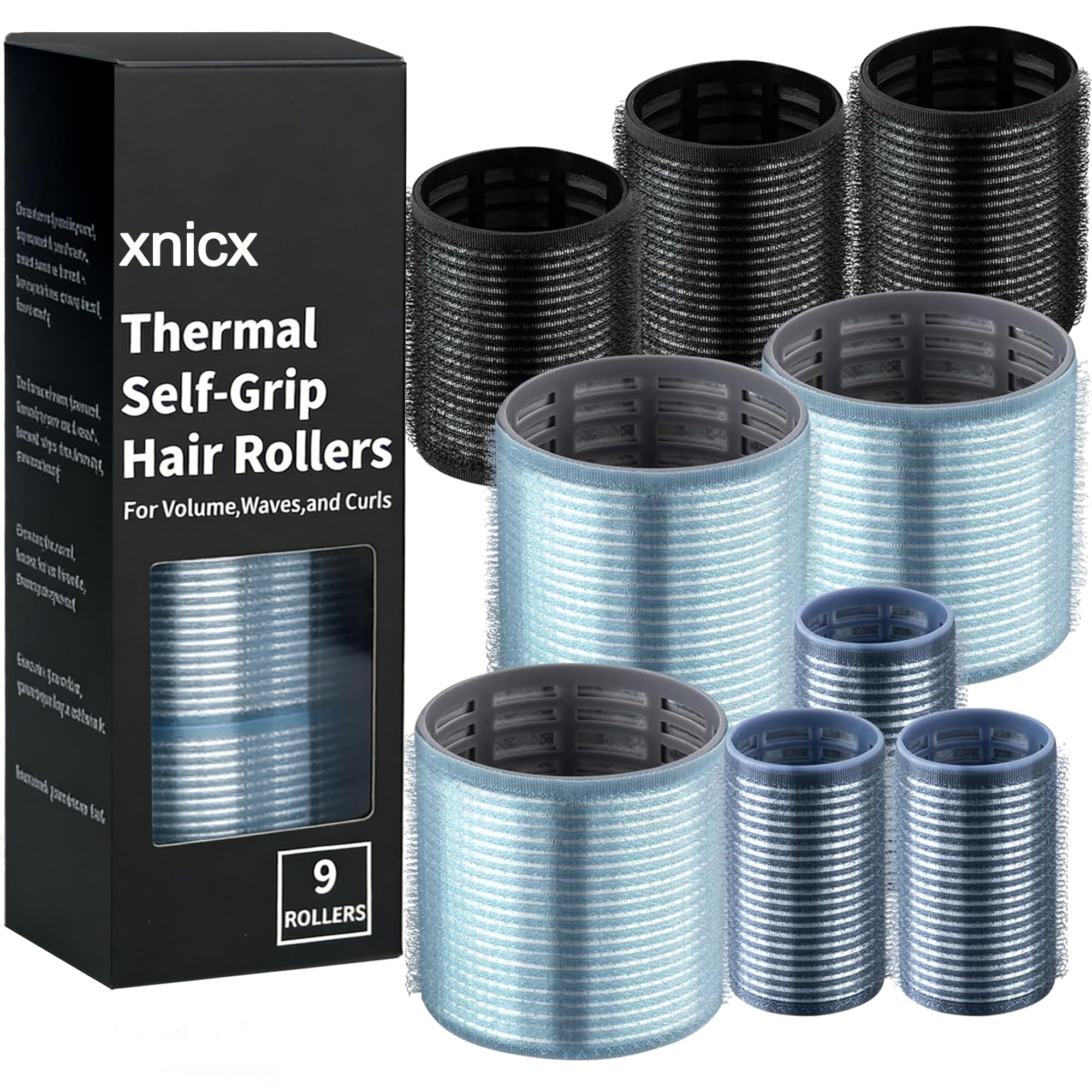 xnicx 9pcs Hair Roller Set Hair Curlers,Self-Grip Ceramic Ionic Thermal Hair Rollers, Hair Rollers Curlers to Sleep In for Hair Blowout Look,Salon Quality Hair Rollers for Long Short Hair