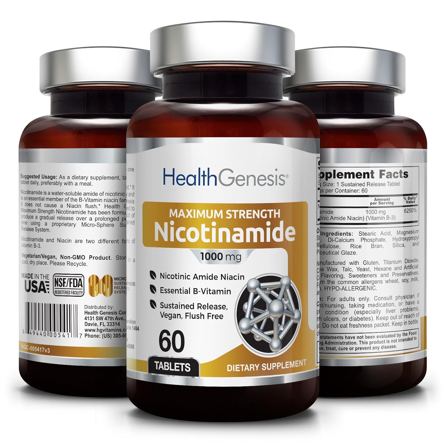 B3 Nicotinamide 1000 mg 60 Tabs Extra Strength Slow Release Natural