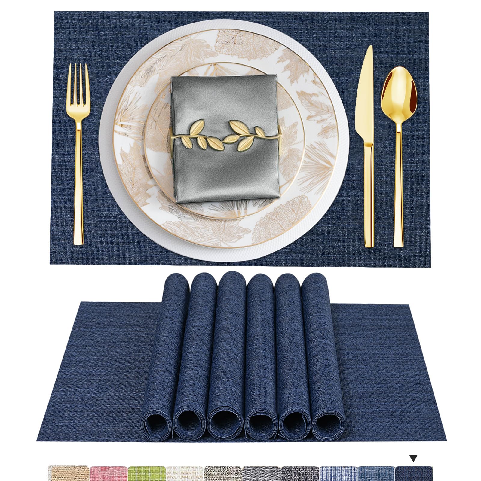 ARTAND Placemats Navy Blue Table Mats Set of 6 Woven Vinyl Place Mats for Dinner Table Washable & Durable Indoor/Outdoor Use Table Accessories -6 Pcs,02 Navy Blue