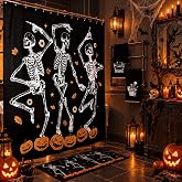 Mixweer 4 Pcs Halloween Skeleton Ghost Shower Curtain Set with Towels Rug | Funny Halloween Skull Ghost Bathroom Decor, Washable Easy Care Materials, Halloween Shower Curtain Set