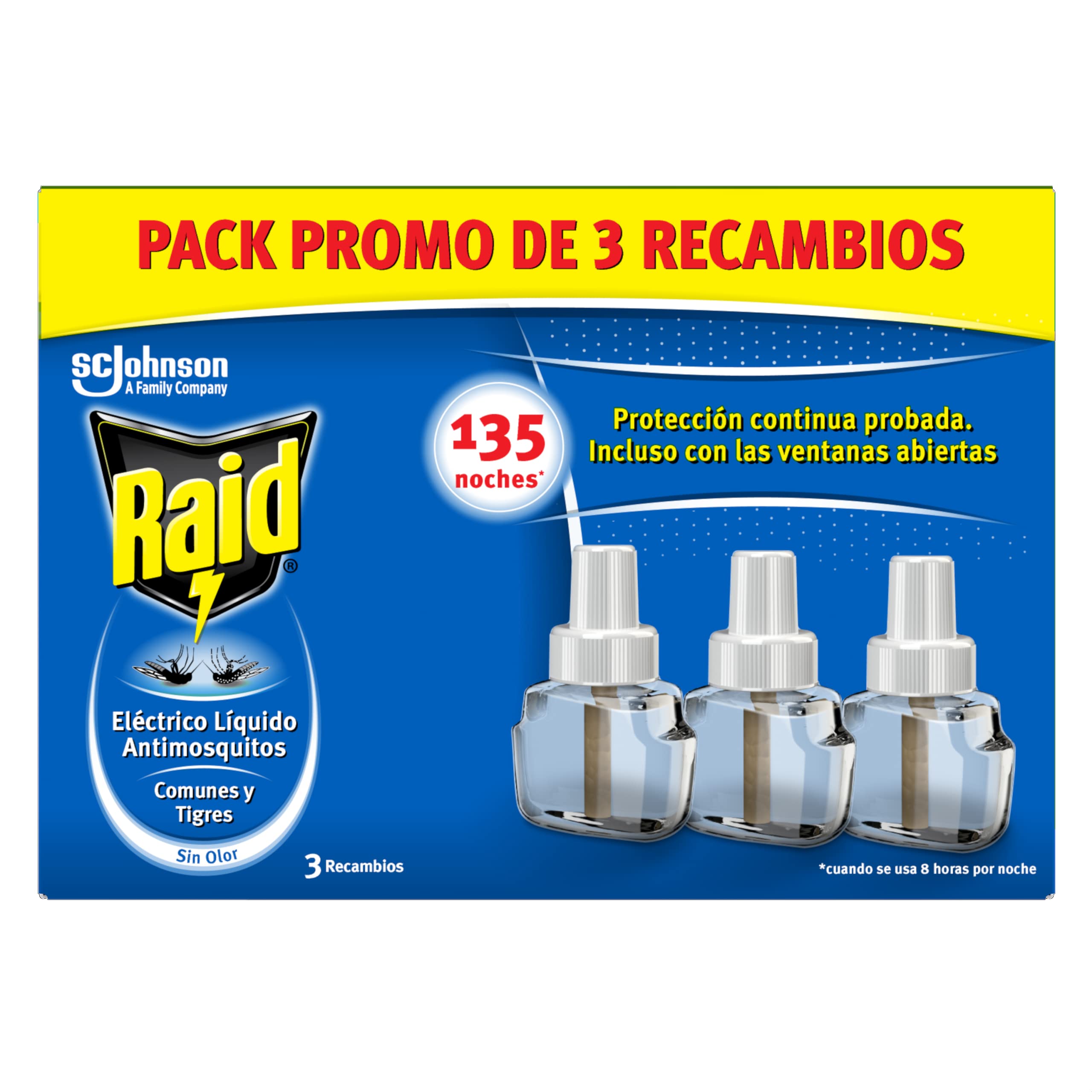 Raid ® Electric Liquid 135 Nights - Common Anti Mosquito and Tiger Refills - 3 Refills of 45 Nights, Packaging May Vary