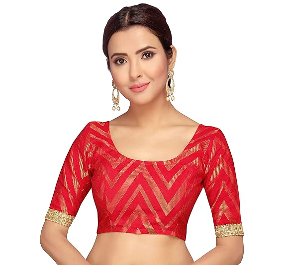 Red Benaras Brocade Readymade Saree Blouse With Elbow Length Sleeves