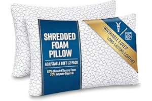 Adjustable Memory Foam Pillows: 2 Pack Queen Size Shredded Foam Bed Pillow for Sleeping with Removable & Washable Pillowcase 