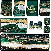 Fourluoo 10 Pcs Kitchen Dish Towels Rugs Oven Mitts and Pot Holders Kit Farmhouse Kitchen Decor Set Gloves Vintage Potholders for Baking Cooking Chef(Green,Modern)