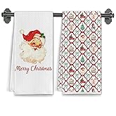 Elefeltclave Coquette Red Christmas Santa Kitchen Towels, Merry Christmas Dish Tea Towels for Kitchen Decor, Preppy Ribbon Bow Xmas Holiday Decorative Hand Towel for Bathroom, 16x24 Inch Set of 2