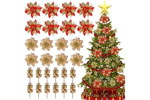 BSTDECOR Red Gold Poinsettia Flowers for Christmas Tree, 28 Pack Christmas Flowers Artificial and Berry Stems for Christmas Decorations Home Decor for Holiday Weeding Wreath Party Indoor Outdoor