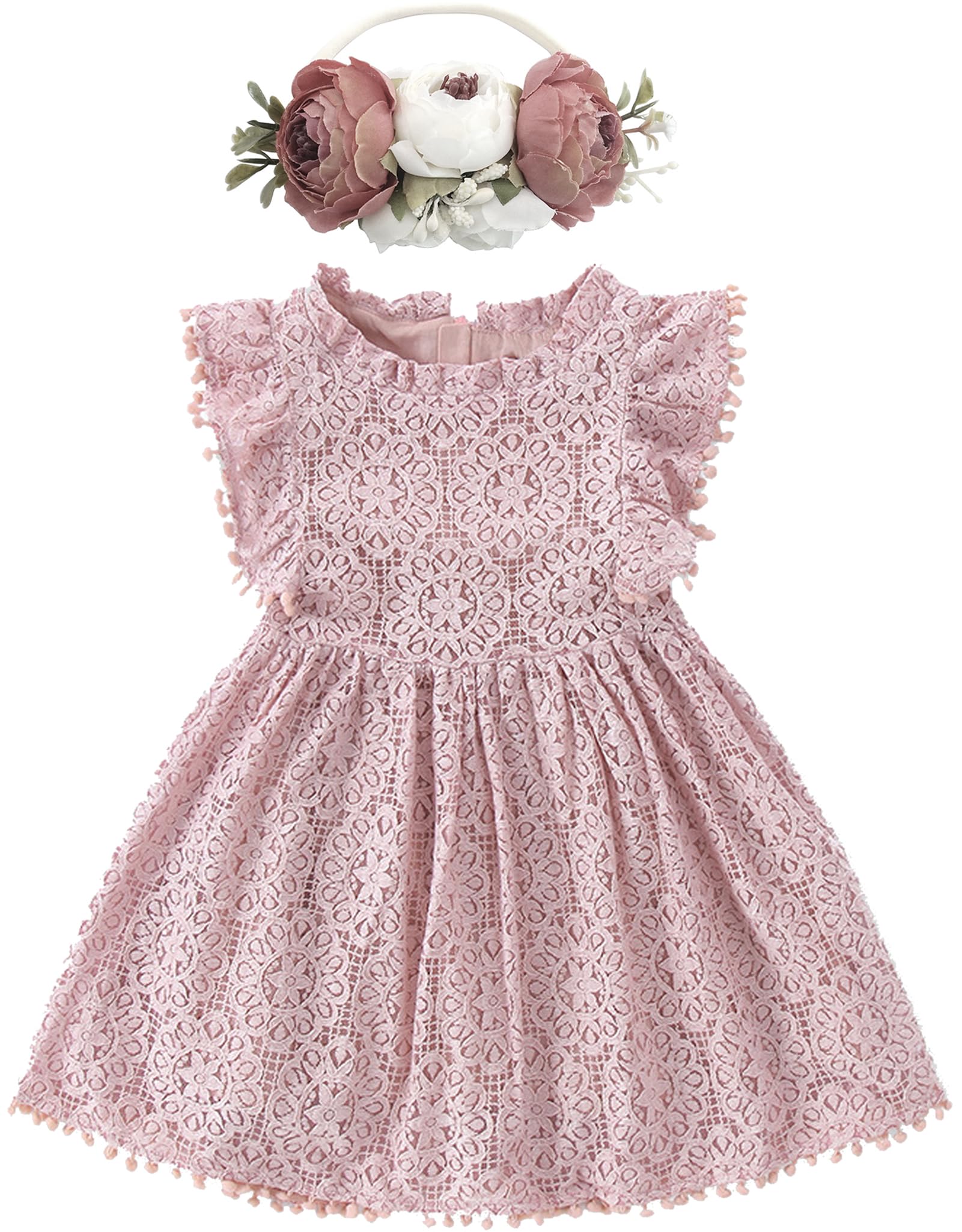 Photo 1 of *****************missing headband*************
BGFKS Baby Girl Tutu Dress Elegant Lace Pom Pom Flutter Sleeve with Flower Headband Set(Dusty Rose,3T)