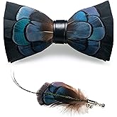 RBOCOTT Handmade Feather Pre-tied Bow tie and Brooch Sets for Men