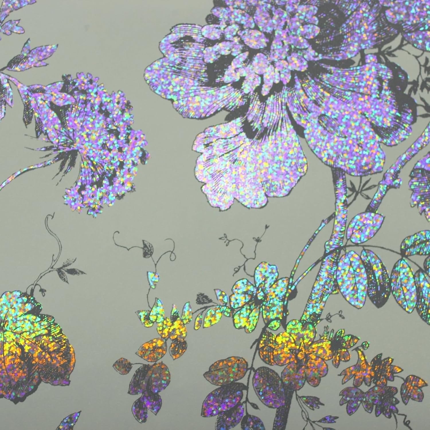 Bijoux Fleurette Foil Holographic Floral Wallpaper Grey Multi Colour