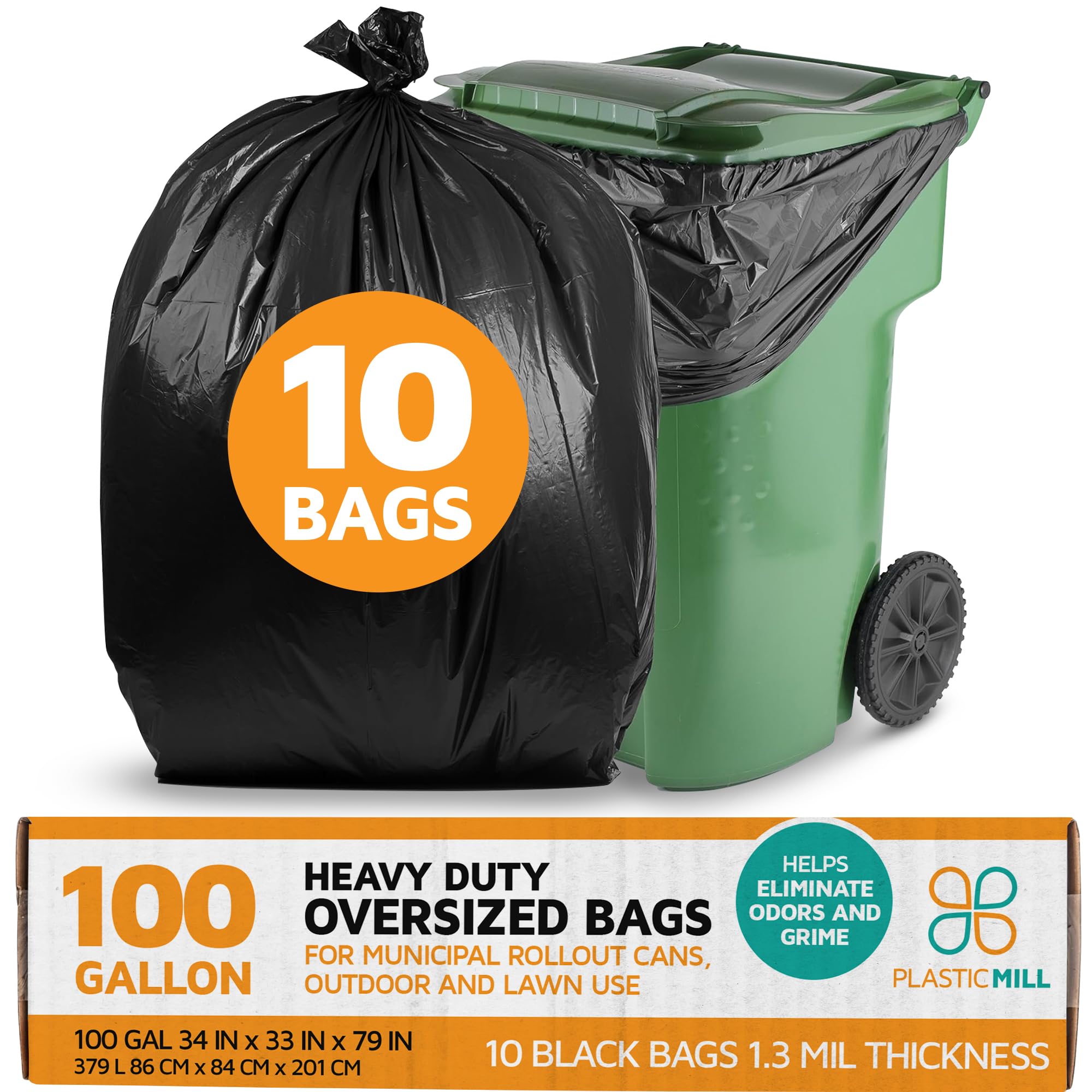 PlasticMill 100 Gallon Garbage Bags: Black, 1.3 Mil, 67x79, 10 Bags.