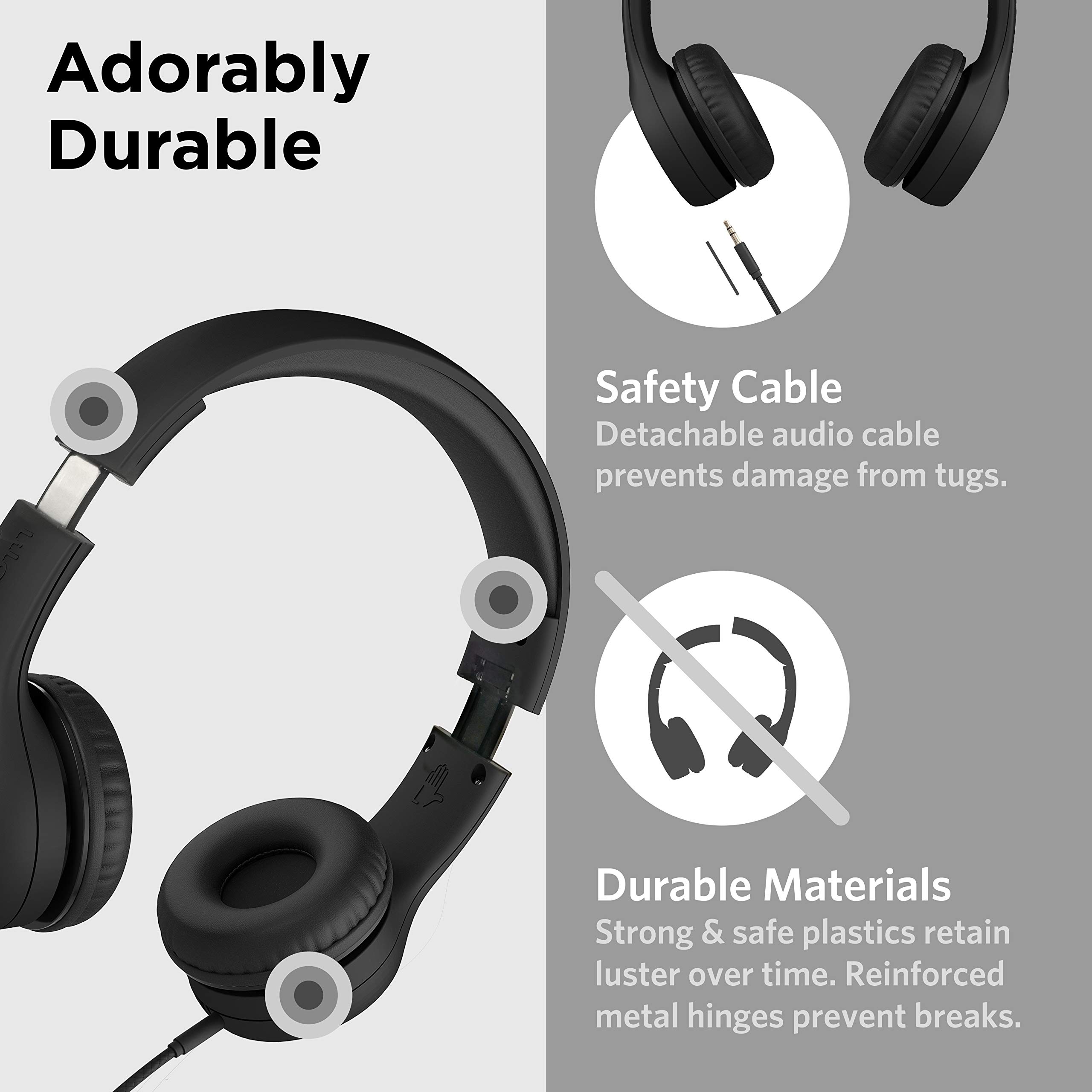 LilGadgets Connect+ Style Wired Black Headphones for Kids with SharePort® Technology, Child-Friendly Foldable On-Ear Headset with Built-in Microphone, Designed to be Comfy Black Car Headphones, Black