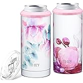 Skinny Can Cooler Vacuum Insulated - THILY Stainless Steel Drink Sleeve Holder for 12 oz Slim Cans | 2 in 1 Insulated Mug with Lid, for Slim Beer & Hard Seltzer, 2 Pack(Pink Lilies + Lotus Flower)