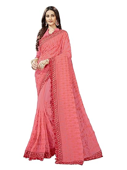 Women's Kota Doria Georgette Saree With Unstitched Blouse Piece (MN566_Pink)
