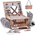 Picnic Basket with Blanket and Wine Pouch for 2 Wicker Picnic Set with Insulated Liner Cooler Bag Hamper for Camping,Wedding - Stripes