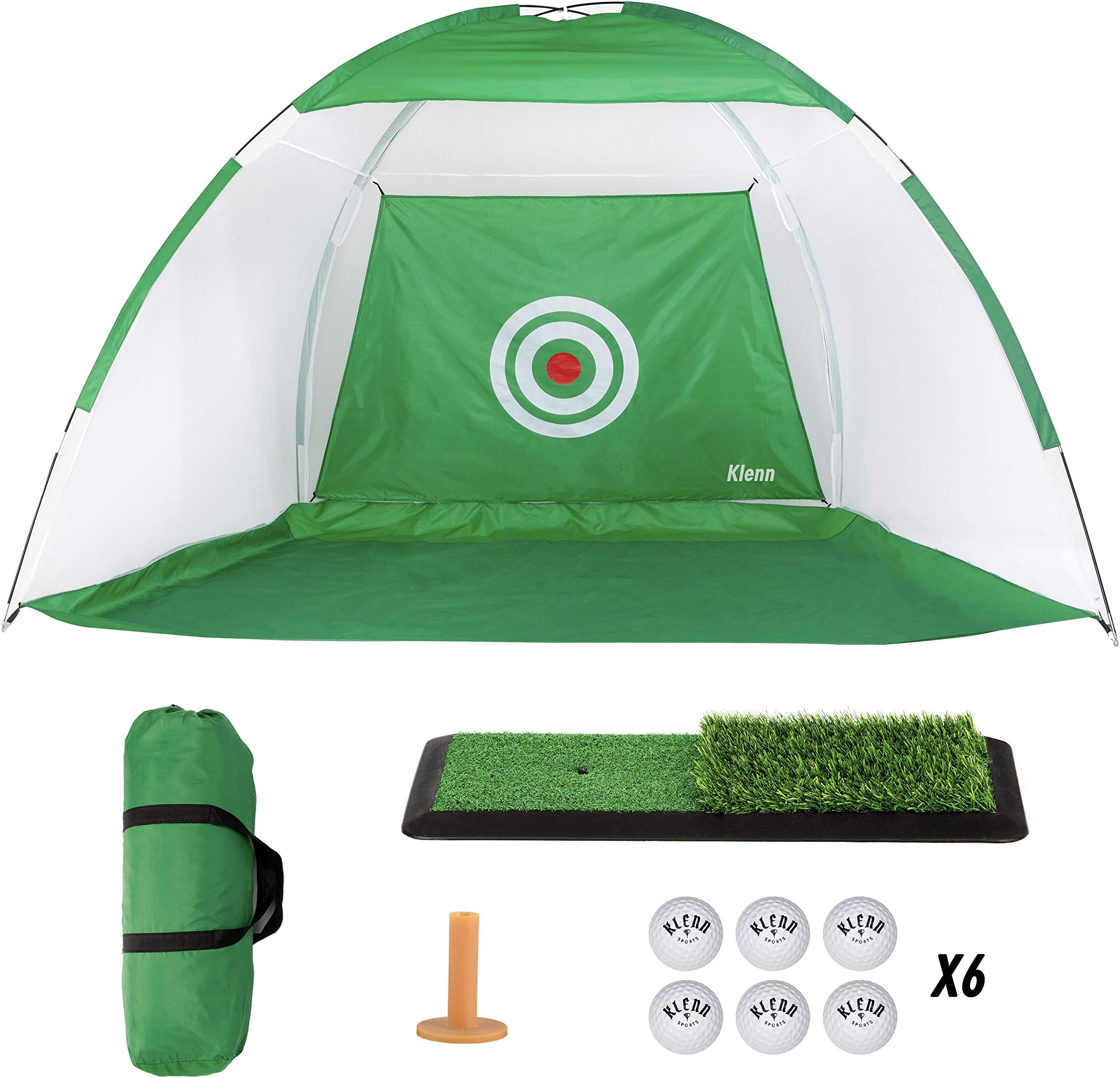 5 PCS Golf Bundle | 10x7 Foot Giant Golf Approach Practice Net | Double Hitting Mat | Carry Bag | 6 Golf Practice Sponge Balls | Rubber Golf Tee | Indoor and Outdoor | Golf at Home Training Aids