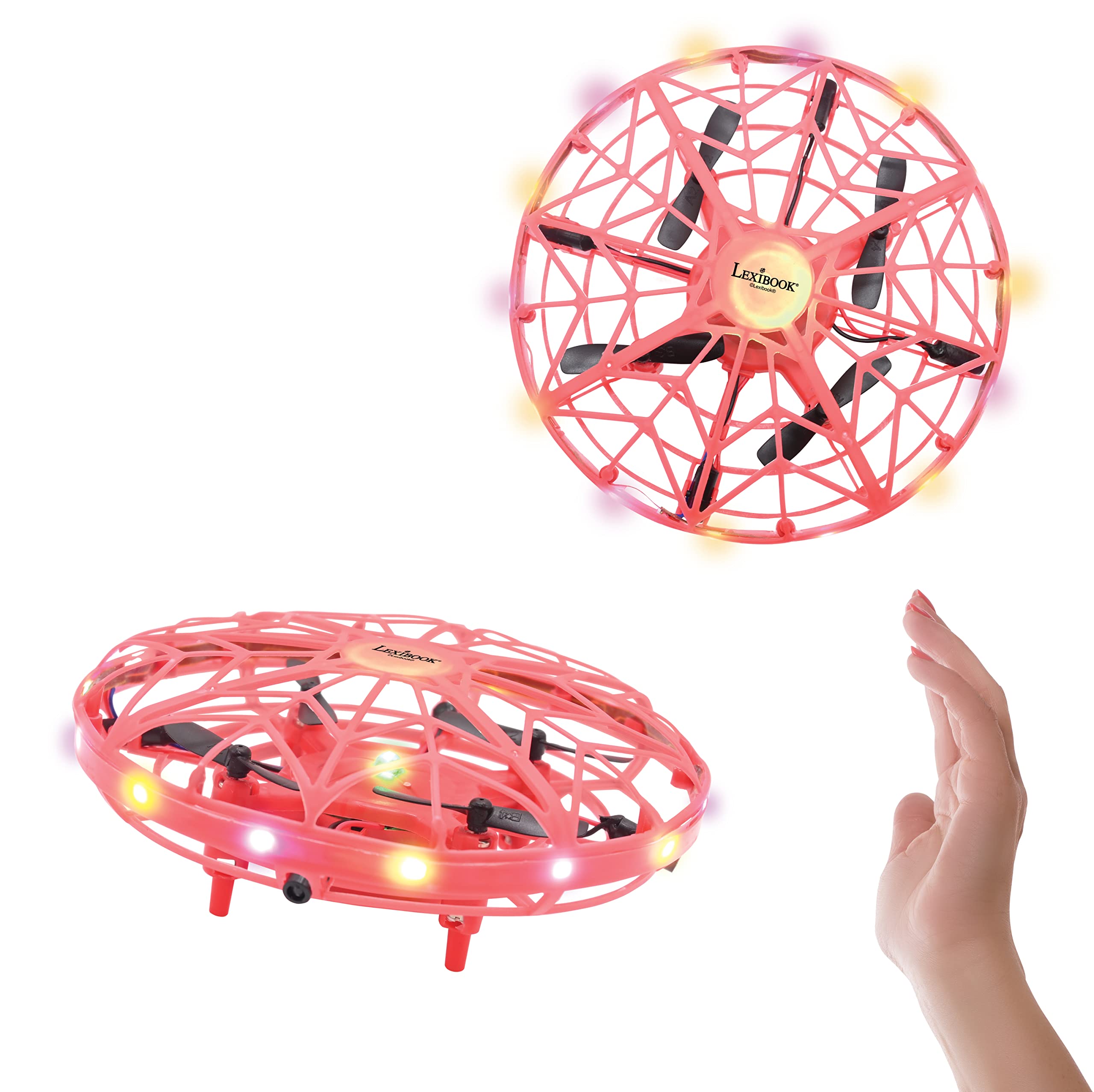 LEXIBOOK, Crosslander® UFO, First rechargeable lighted drone with gesture control for children, up to 5km/h, motion sensor, altitude maintenance, light effects, indoor or outdoor, Red, UFO01