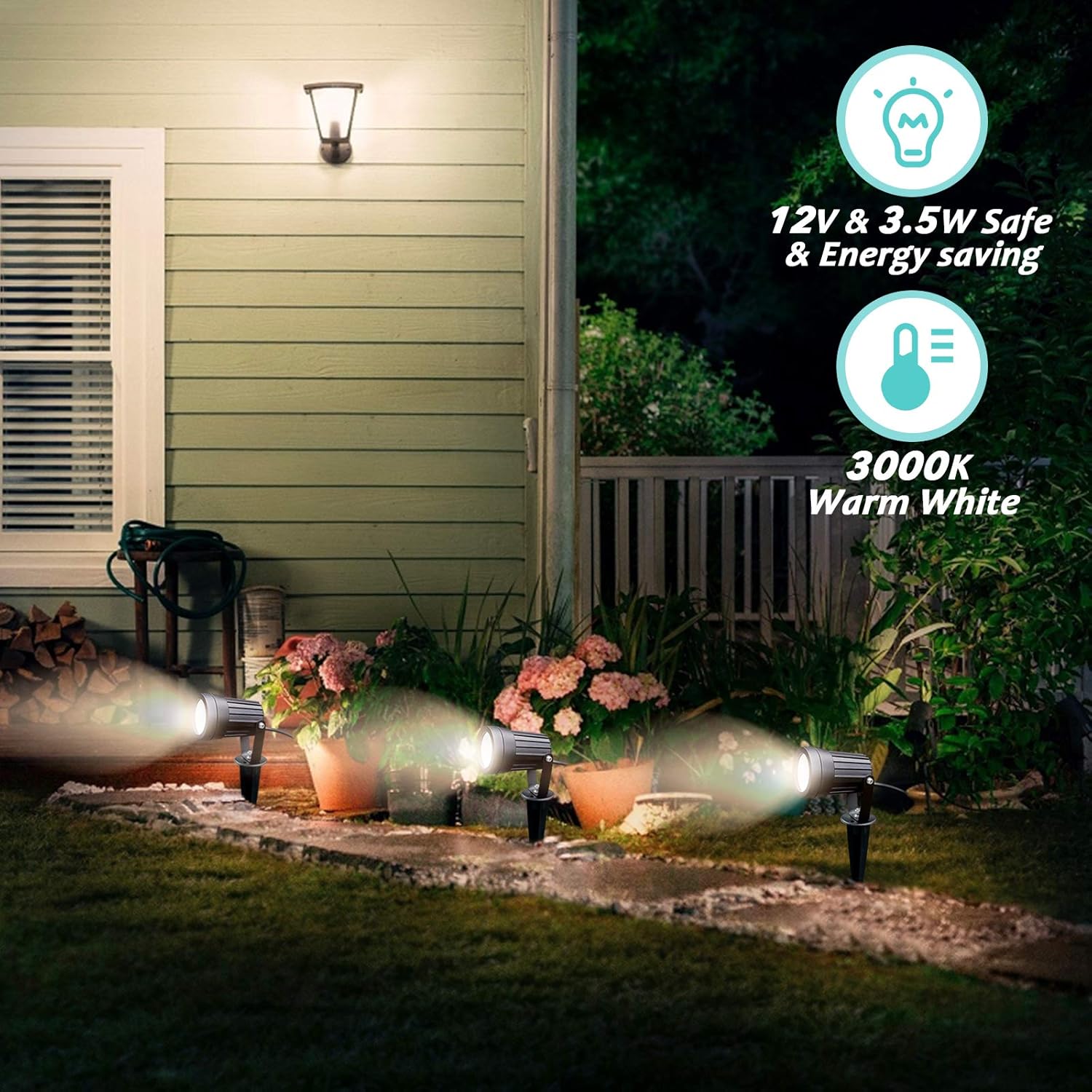 Albrillo 6 Pack LED Landscape Spotlights - 3.5W 12V Low Voltage Garden Spotlight with 3000K Warm White, IP65 Waterproof, Metal & Glass, 66FT LED Outdoor Spotlights for Garden Yard Patio Walkway - - 