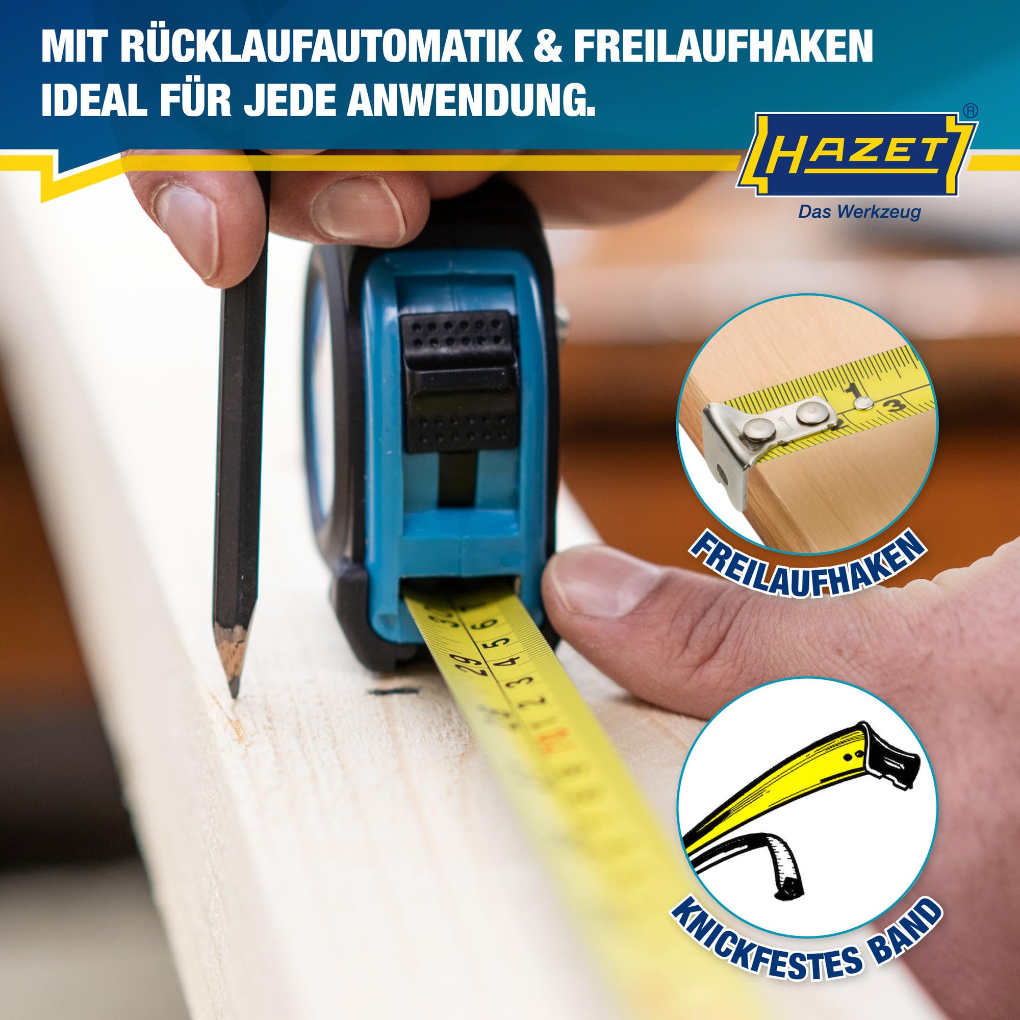 HAZET Maßband 2154N-3 | 3 Meter, reduziertes Abknickverhalten und widerstandsfähige Beschichtung, automatisches Einziehen durch Qualitätsfeder und doppelte Bandmaß Beschriftung 5