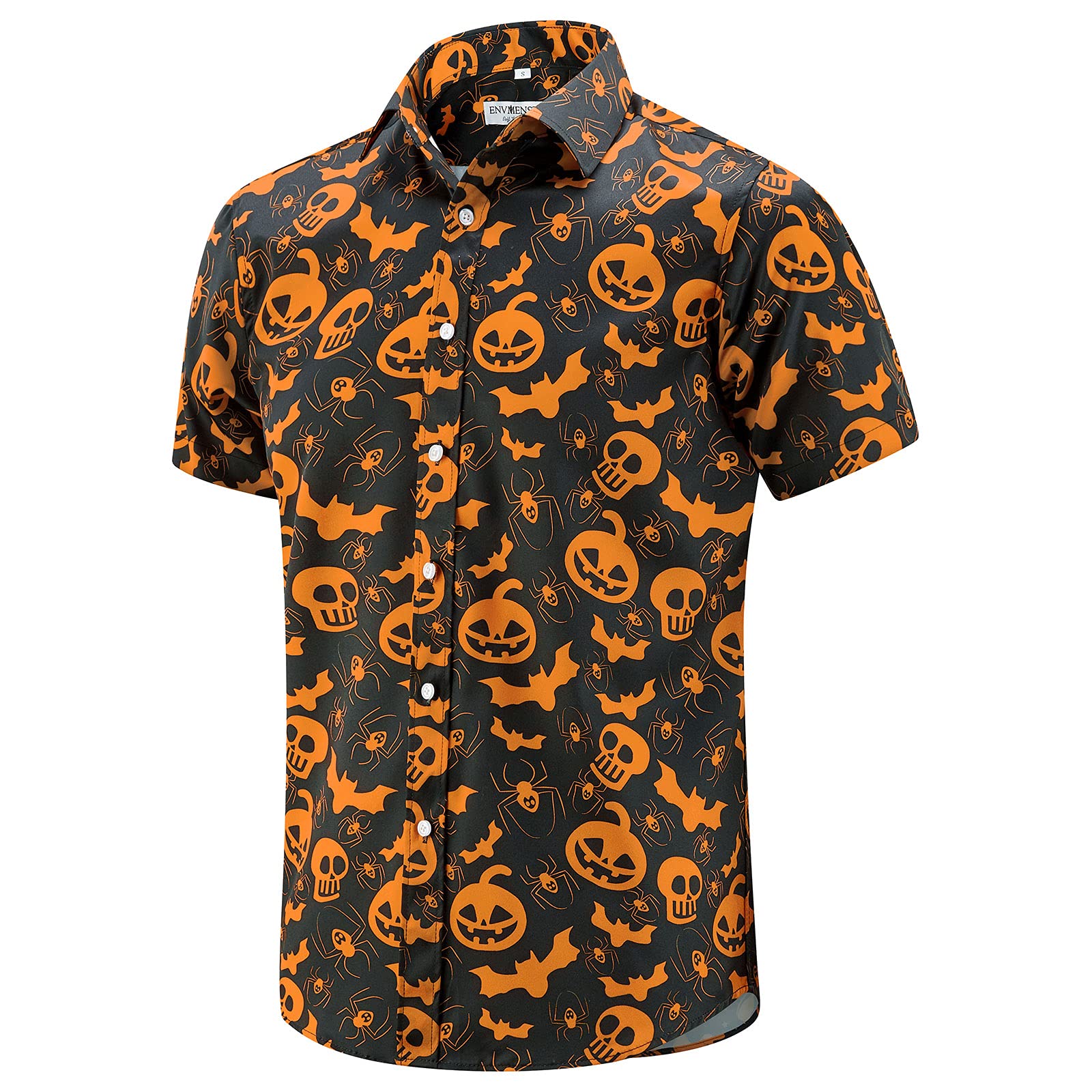 View 1 of ENVMENST Halloween Button Up Shirt for Men Fun Pumpkins Printed Casual Short Sleeve Hawaiian Aloha Shirts(Black-O,S)